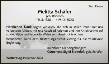 Traueranzeige von Melitta Schäfer von WLZ