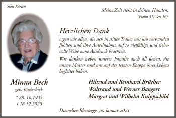 Traueranzeige von Minna Beck von WLZ