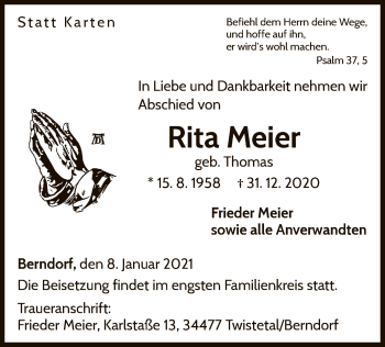 Traueranzeige von Rita Meier von WLZ