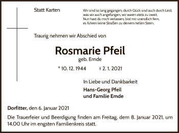 Traueranzeige von Rosmarie Pfeil von WLZ