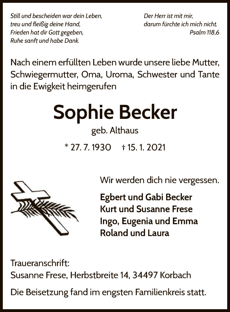  Traueranzeige für Sophie Becker vom 23.01.2021 aus WLZ