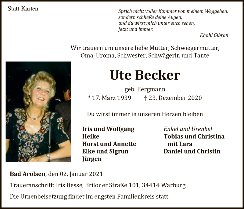  Traueranzeige für Ute Becker vom 02.01.2021 aus WLZ