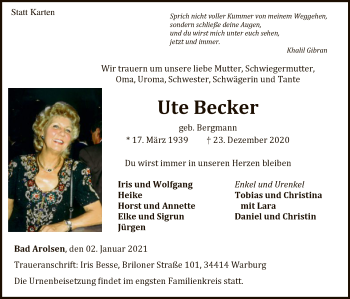 Traueranzeige von Ute Becker von WLZ