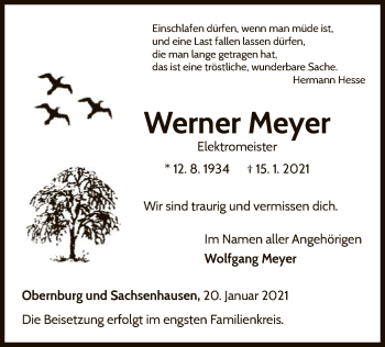 Traueranzeige von Werner Meyer von WLZ