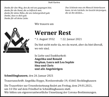 Traueranzeige von Werner Rest von WLZ