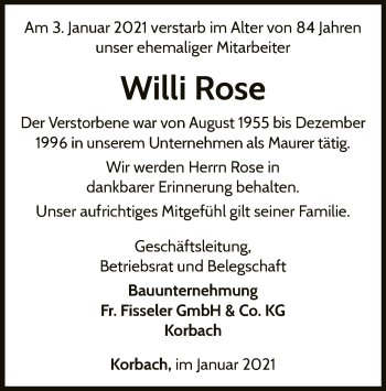 Traueranzeige von Willi Rose von WLZ