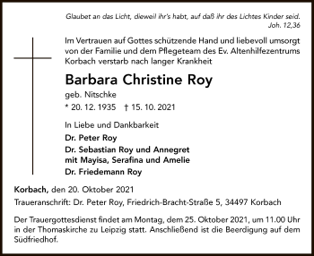 Traueranzeige von Barbara Christine Roy von WLZ