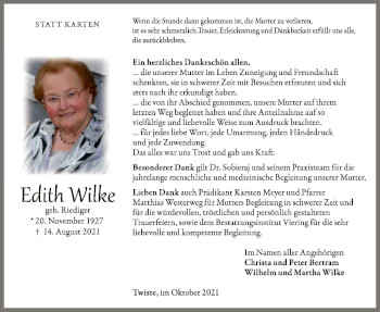 Traueranzeige von Edith Wilke von WLZ