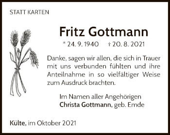 Traueranzeige von Fritz Gottmann von WLZ