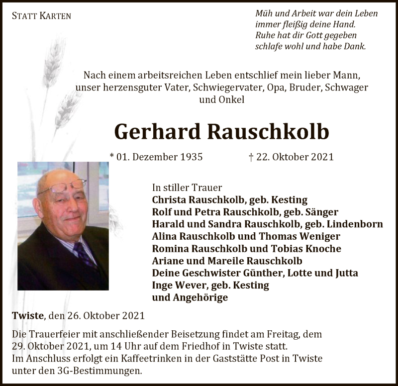  Traueranzeige für Gerhard Rauschkolb vom 26.10.2021 aus WLZ