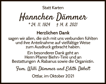 Traueranzeige von Hannchen Dämmer von WLZ