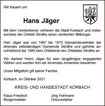 Traueranzeige von Hans Jäger von WLZ