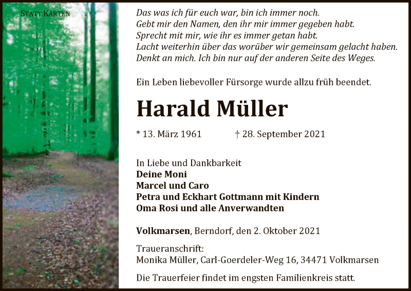  Traueranzeige für Harald Müller vom 02.10.2021 aus WLZ