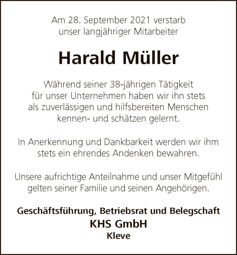  Traueranzeige für Harald Müller vom 09.10.2021 aus WLZ