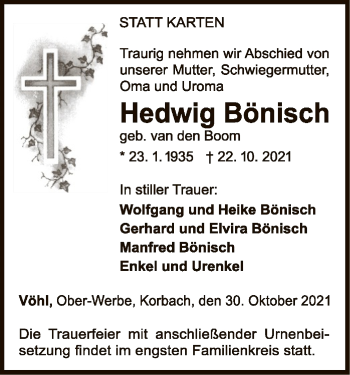 Traueranzeige von Hedwig Bönisch von WLZ