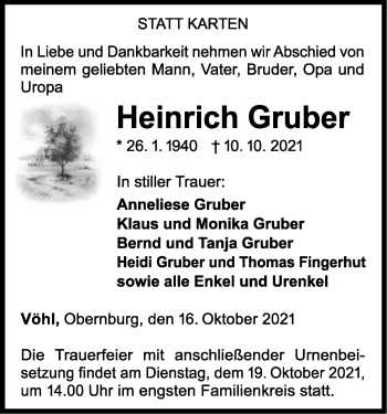 Traueranzeige von Heinrich Gruber von WLZ