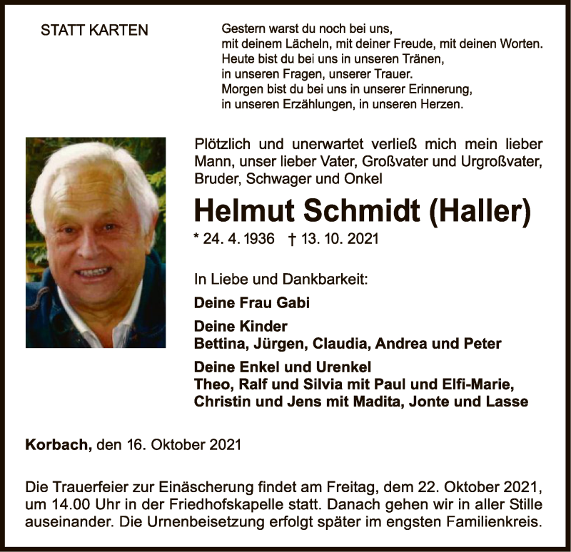  Traueranzeige für Helmut Schmidt vom 16.10.2021 aus WLZ
