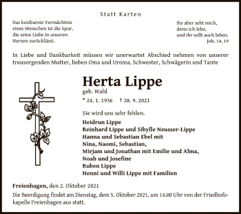 Traueranzeige von Herta Lippe von WLZ