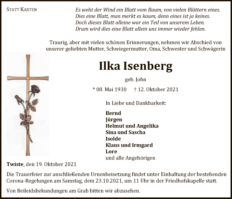  Traueranzeige für Ilka Isenberg vom 19.10.2021 aus WLZ
