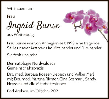 Traueranzeige von Ingrid Bunse von WLZ