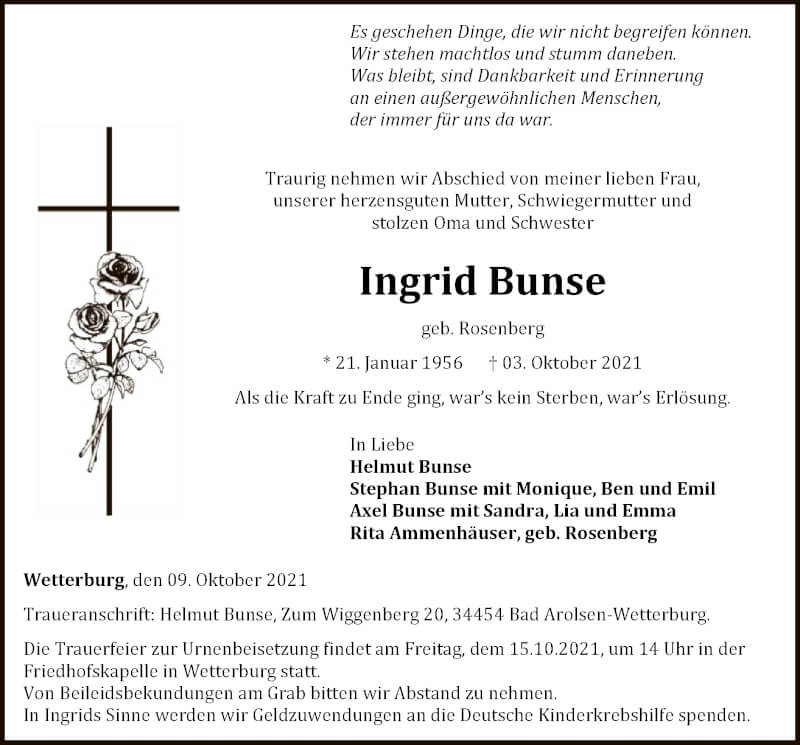  Traueranzeige für Ingrid Bunse vom 09.10.2021 aus WLZ