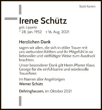 Traueranzeige von Irene Schütz von WLZ