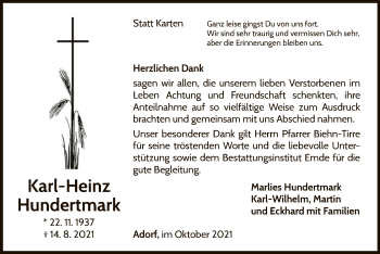 Traueranzeige von Karl-Heinz Hundertmark von WLZ