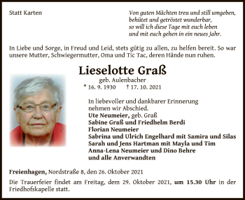 Traueranzeige von Lieselotte Graß von WLZ