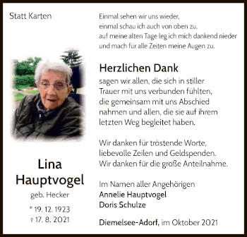 Traueranzeige von Lina Hauptvogel von WLZ