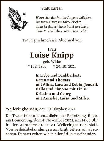 Traueranzeige von Luise Knipp von WLZ