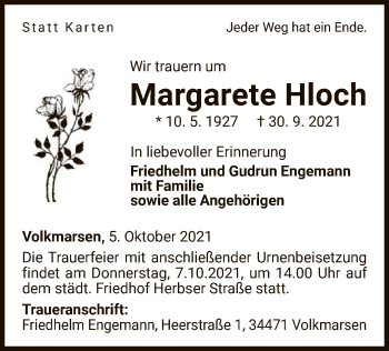 Traueranzeige von Margarete Hloch von WLZ