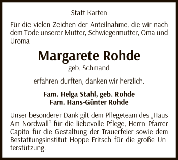 Traueranzeige von Margarete Rohde von WLZ