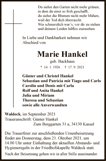 Traueranzeige von Marie Hankel von WLZ