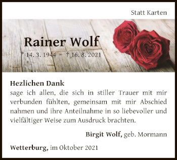 Traueranzeige von Rainer Wolf von WLZ