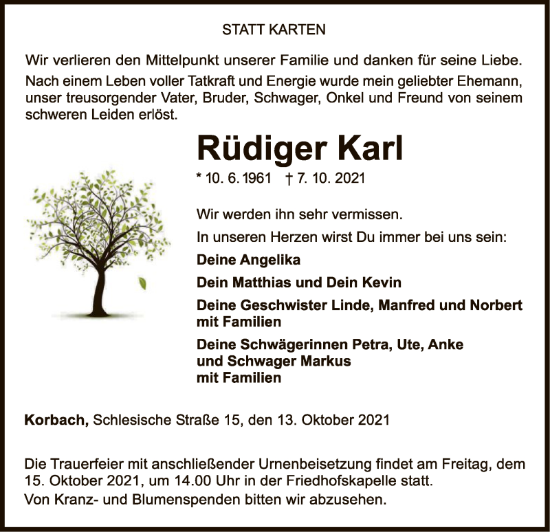  Traueranzeige für Rüdiger Karl vom 13.10.2021 aus WLZ