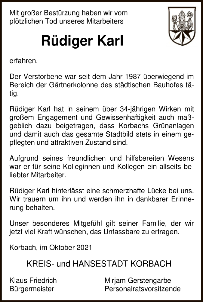  Traueranzeige für Rüdiger Karl vom 13.10.2021 aus WLZ
