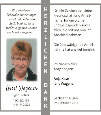 Traueranzeige von Ursel Wagener von WLZ