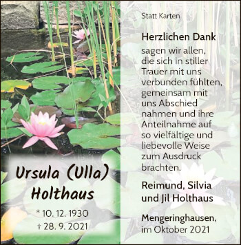 Traueranzeige von Ursula Holthaus von WLZ