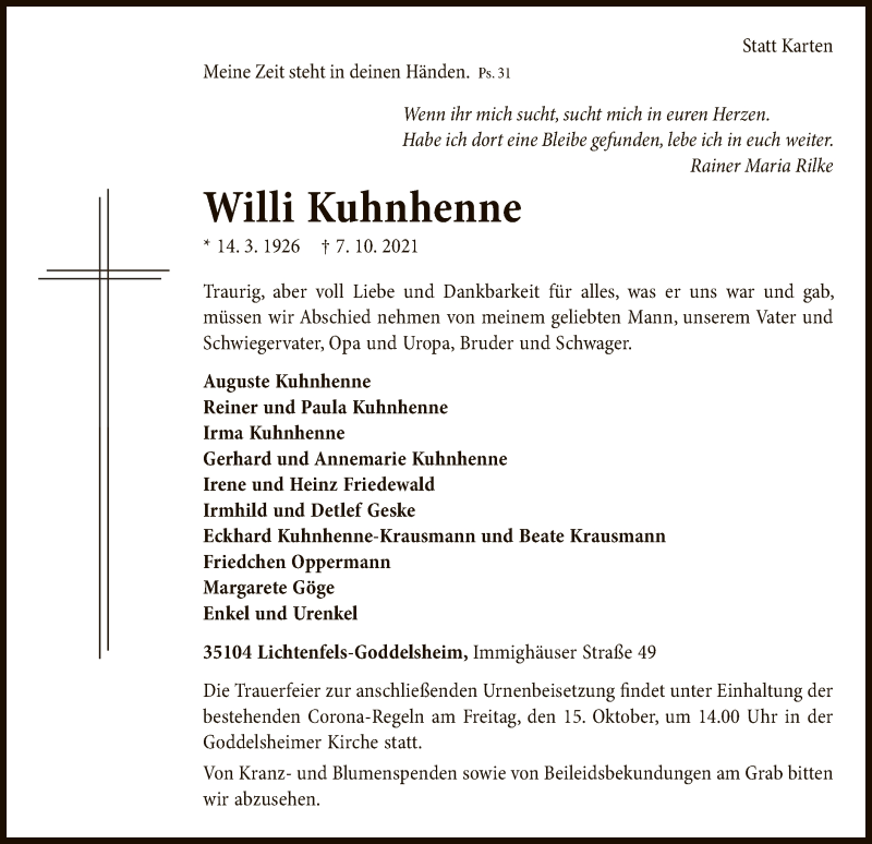  Traueranzeige für Willi Kuhnhenne vom 12.10.2021 aus WLZ