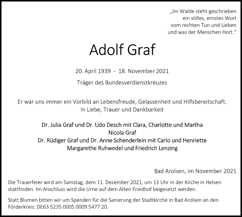  Traueranzeige für Adolf Graf vom 23.11.2021 aus WLZ