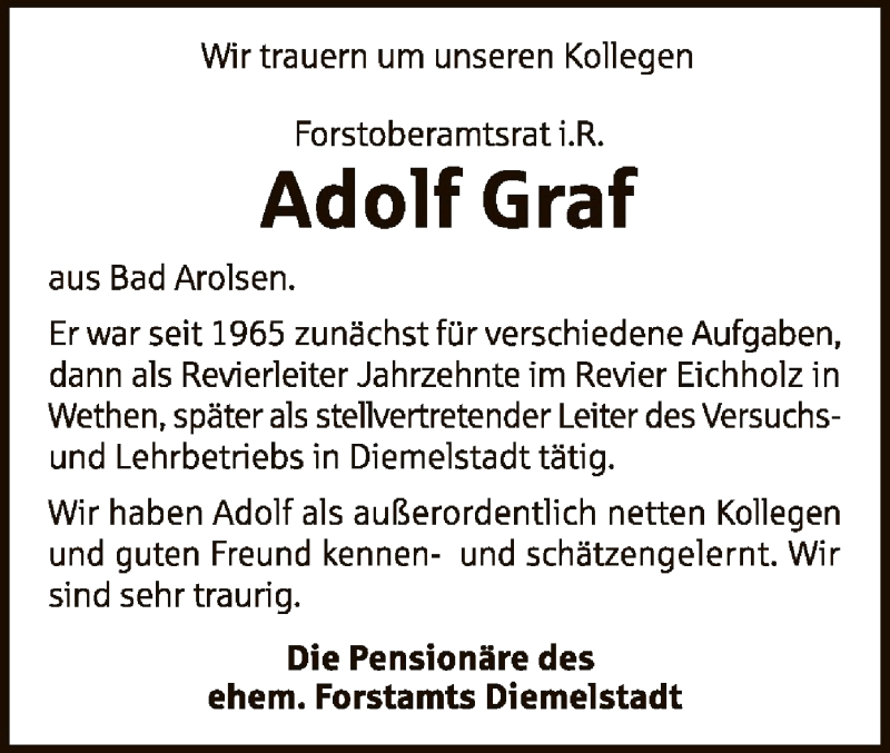  Traueranzeige für Adolf Graf vom 23.11.2021 aus WLZ