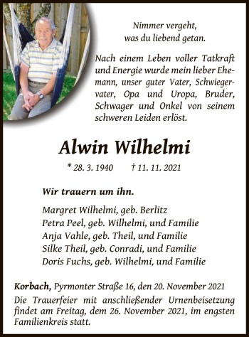 Traueranzeige von Alwin Wilhelmi von WLZ