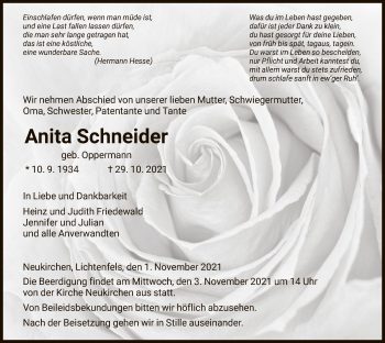 Traueranzeige von Anita Schneider von HNA