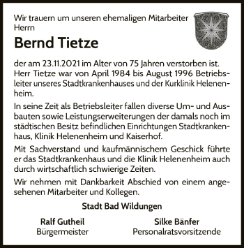 Traueranzeige von Bernd Tietze von WLZ