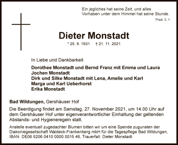 Traueranzeige von Dieter Monstadt von WLZ