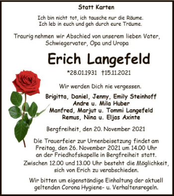 Traueranzeige von Erich Langefeld von WLZ