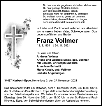 Traueranzeige von Franz Vollmer von WLZ