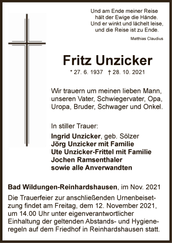 Traueranzeige von Friedrich Unzicker von WLZ