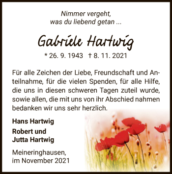 Traueranzeige von Gabriele Hartwig von WLZ