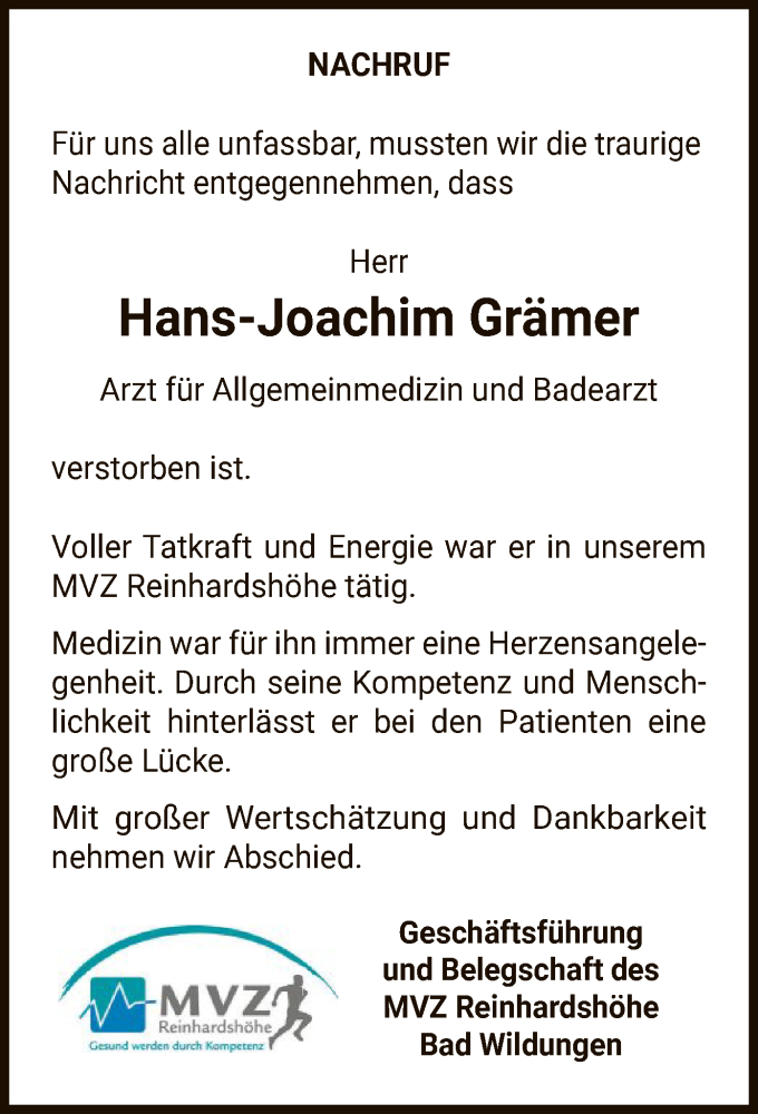  Traueranzeige für Hans-Joachim Grämer vom 13.11.2021 aus WLZ